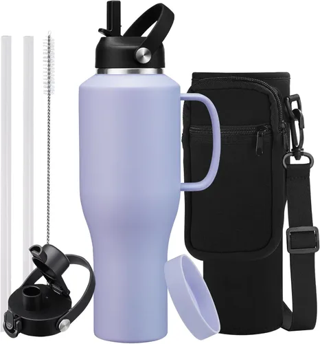 Vista 36 de Botella de agua de acero inoxidable de 32 onzas, frío-48 horas y caliente-24 horas, termo con popote y tapas de boquilla, bolsa, botella aislada al