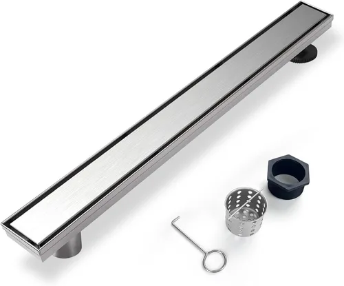Vista 8 de Drenaje de ducha lineal de 24 pulgadas, cepillo de acero inoxidable 304 negro Offset Side Outlet,Easy to install,Tile-In Grate,Hair