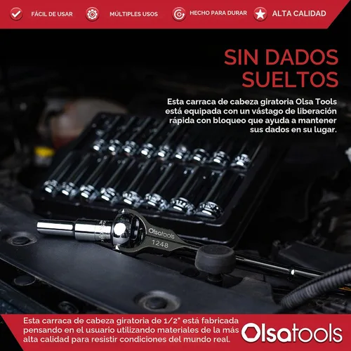 Vista 2 de Olsa Tools Trinquete de cabeza giratoria - Accionamiento de 1/2 pulgada con cabeza redonda de 90 dientes - Llave de dados de estilo roto para 1 pieza