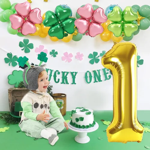 Vista 5 de Dripykiaa 5 globos dorados de 40 pulgadas para decoración de fiesta de primer cumpleaños, color rosa y verde, trébol de cuatro hojas, globos de Rosa
