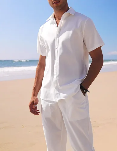 Vista 3 de COOFANDY Men's Linen Set Beach 2 Pieces Casual Outfits Button Up Shirts Drawstring Pants