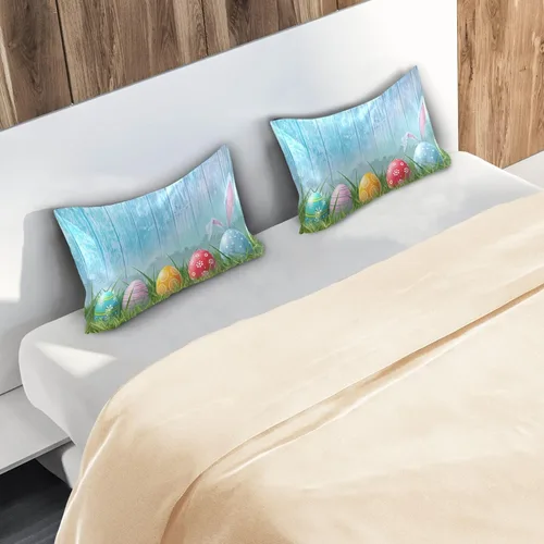 Vista 7 de Nander Funda de almohada de satén estándar de Pascua, huevos coloridos y orejas de conejo, funda de almohada para el hogar, funda de almohada suave