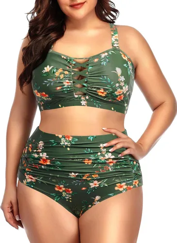 Vista 10 de Daci - Traje de baño de dos piezas para mujer, talla extragrande, cintura alta, fruncido, con cordones Negro