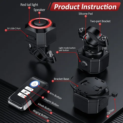 Vista 8 de Alarma de bicicleta con control remoto, luz trasera de bicicleta y luz de freno encendido/apagado automático USB-C recargable, sistema de alarma