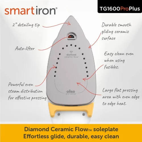 Vista 7 de Oliso TG1600 Pro Plus SmartIron de 1800 vatios con elevación automática (amarillo) y protector de suela de hierro de silicona solemate Oliso