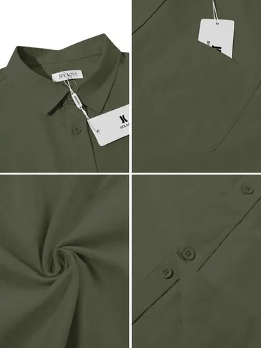 Vista 4 de JEKAOYI - Camisas de lino con botones para hombre, de manga larga, ajuste regular, de algodón, camisas de playa con bolsillo