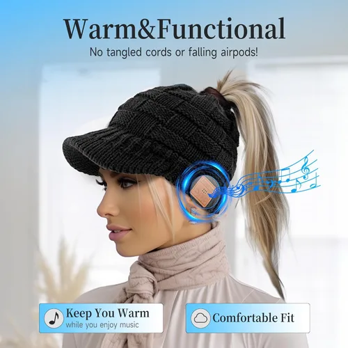 Vista 3 de Gorro Bluetooth para mujer con agujero para cola de caballo, gorro con auriculares integrado, micrófono integrado, regalos para mujer, W2-negro