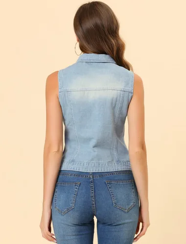 Vista 4 de Allegra K Chaleco de mezclilla lavado con botones para mujer, con bolsillos con solapa en el pecho