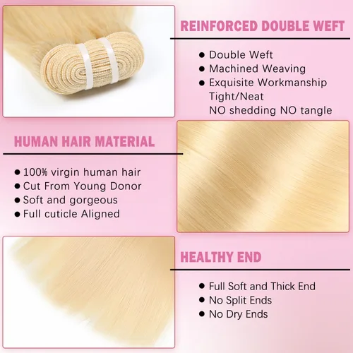 Vista 3 de 613 manojos de cabello humano lacio rubio, 100% sin procesar, grado 15A, cabello virgen brasileño sin procesar, extensiones de cabello virgen sin