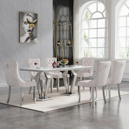 Vista 27 de HomVent - Juego de mesa de comedor de mármol sintético de 68 pulgadas con 4 sillas de terciopelo para cocina Modern Rectangular Faux Marble