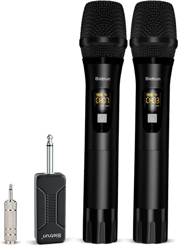 Vista 14 de Bietrun Micrófono inalámbrico, juego profesional de micrófonos UHF de metal, de mano, doble, inalámbrico, dinámico, con receptor recargable, salida