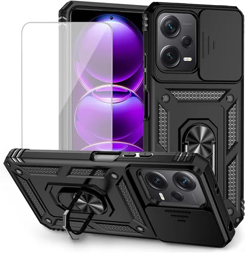 Vista 10 de Funda para Redmi Note 12, Poco X5 5G con protector de pantalla de vidrio templado y cubierta de cámara deslizante, anillo magnético soporte de Verde