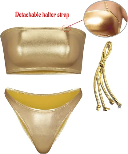 Vista 5 de Conjunto de traje de baño sexy para mujer, traje de baño sexy con parte superior de tubo metálico, traje de baño sin tirantes y tanga