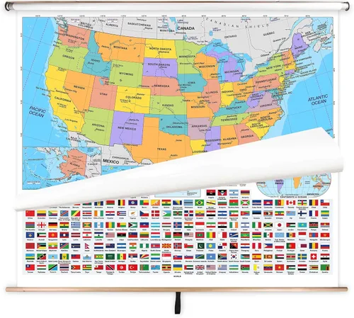 Vista 9 de BrightWay Educational - Juego de mapas desplegables para aulas primarias de Estados Unidos y del mundo [con paneles educativos] Mapas de pared