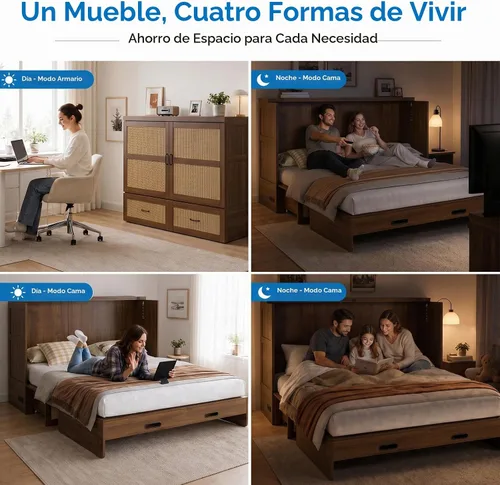 Vista 6 de Mjkone Murphy - Cama de gabinete con colchón de tres pliegues, Queen, nogal negro