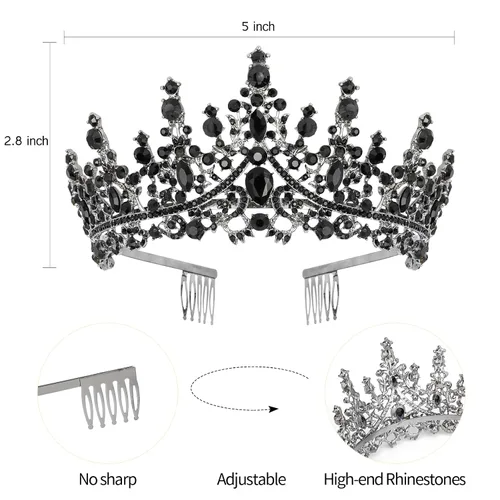 Vista 7 de Velscrun Tiara de cumpleaños de cristal negro para mujeres y niñas, corona de princesa con peines, banda para la diadema de cumpleaños, decoración