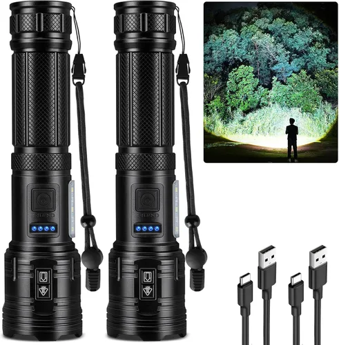 Vista 9 de Linterna recargable de 990,000 lúmenes altos, paquete de 3 luces LED con 5 modos, linterna de mano impermeable para campamento, hogar, exterior (2)