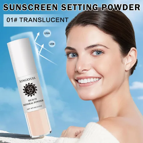 Vista 2 de Polvo de ajuste de protector solar mineral para cara y cuero cabelludo, SPF 35 polvo mineral cepillo protector solar control de aceite acabado mate