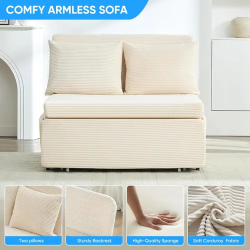 Vista 5 de PUREMIND Sofá cama extraíble 3 en 1 tamaño individual, sofá de pana convertible con almohadas y colchón de espuma viscoelástica de 3.9 pulgadas Beige