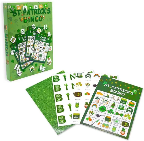 Vista 3 de Omgouue Juego de bingo irlandés de trébol del día de San Patricio, suministros de fiesta verde para 24 jugadores