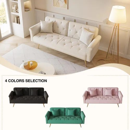 Vista 5 de Sofá cama tapizado de terciopelo, sofá cama convertible con dos almohadas para sala de estar, dormitorio, oficina en casa (beige)