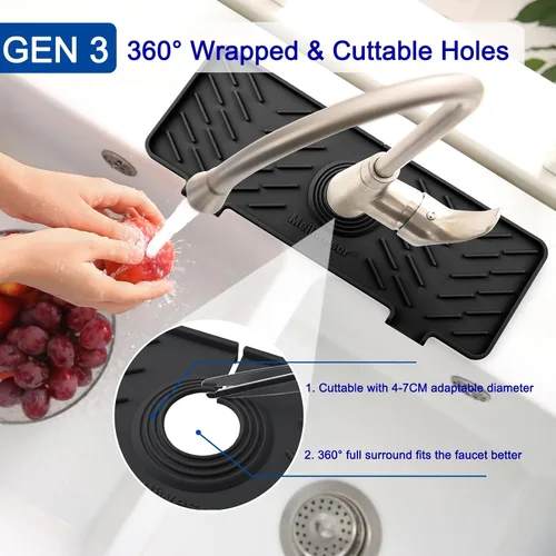 Vista 4 de Alfombrilla de Silicona para Grifo de Fregadero de Cocina – Gen 3 Protector contra Salpicaduras con Pendiente de 10° con Orificio Recortable