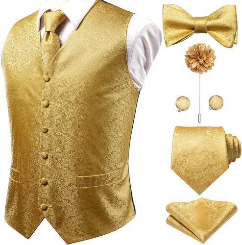 Vista 17 de Hi-Tie Chaleco de traje de seda para hombre, corbata y corbatín de solapa, clip de corbata dorado, chaleco floral de cachemira, 8 piezas, conjunto