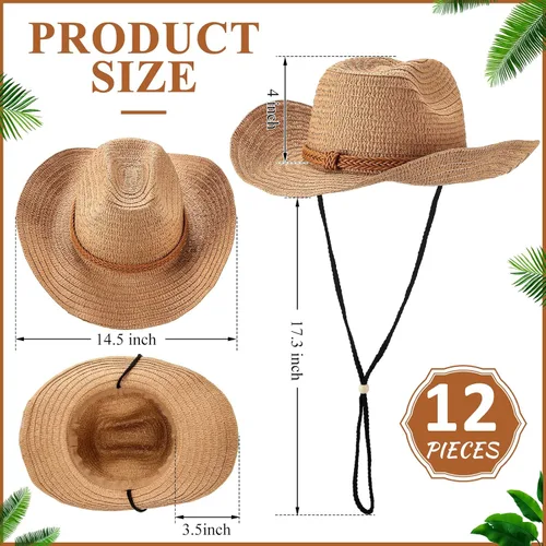 Vista 2 de JaGely 12 sombreros de vaquero de paja para mujeres y hombres, sombrero de verano de ala ancha, protección solar a granel para fiestas temáticas
