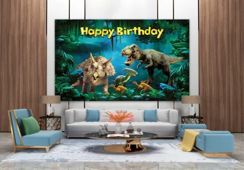 Vista 3 de Renaiss Cartel de feliz cumpleaños de 6 x 3.6 pies, decoración de fiesta de dinosaurios, jurásico, cretácico, selva, loca, aventura, fondo