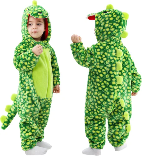 Vista 14 de TONWHAR - Disfraz de dinosaurio para niños pequeños, mameluco de animal para Halloween para niños y niñas Verde militar