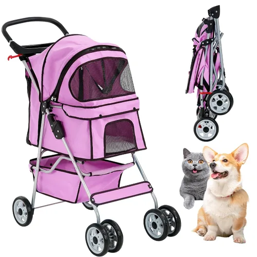 Vista 14 de Cochecito para perros con cesta de almacenamiento, cochecito para mascotas de 3 ruedas, transpirable, compacto, portátil, plegable, para viajes