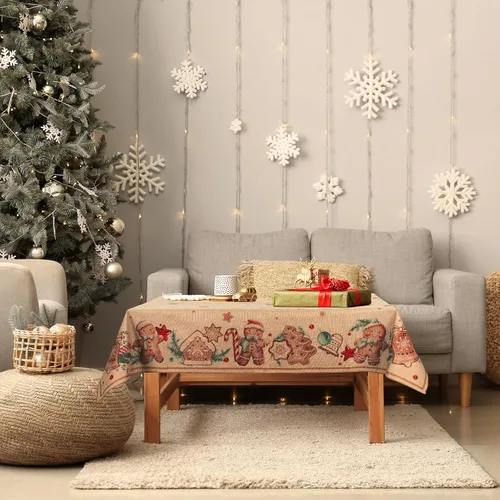 Vista 4 de Ganeen Manteles de Navidad de pan de jengibre de 52 x 70 pulgadas, mantel rectangular de arpillera de Navidad, mantel de tela de pan de jengibre