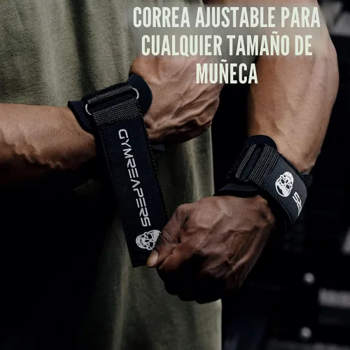 Vista 2 de Ganchos para levantamiento de pesas Gymreapers (par), correas de muñeca de potencia resistentes con soporte de agarre para la mano