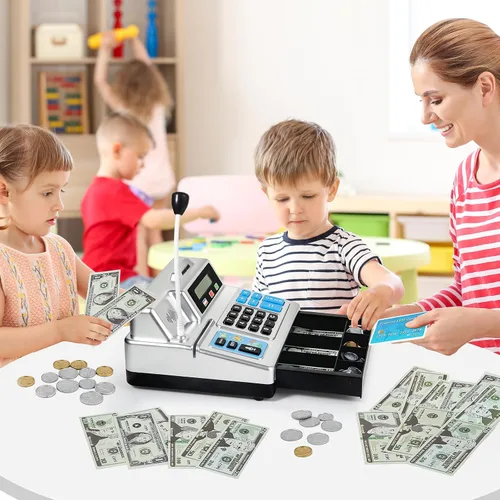 Vista 6 de Calculadora de caja registradora – Caja registradora de juguete de 103 piezas, juego de tienda con micrófono, tarjeta de crédito y banco para niños