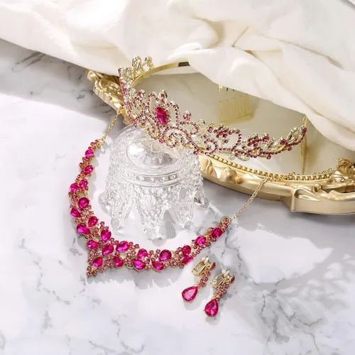 Vista 3 de BriLove Alloy Crystal Teardrop Cluster Statement Necklace Clip-on Earrings Tiara Set