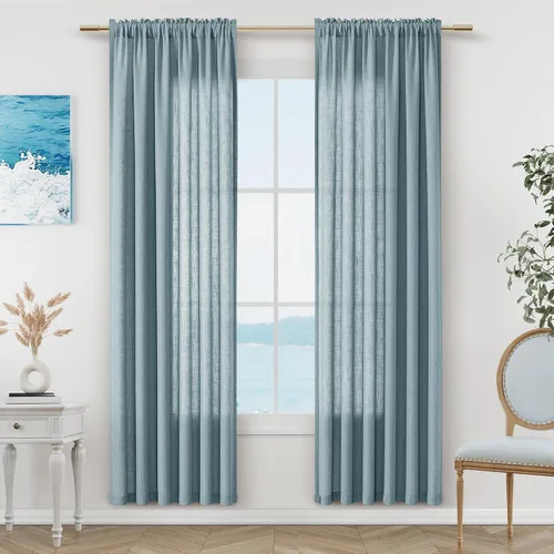Vista 85 de Cortinas de lino verde aguamarina de 84 pulgadas de largo, juego de 2 paneles semitransparentes con bolsillo para barra para comedor, decoración