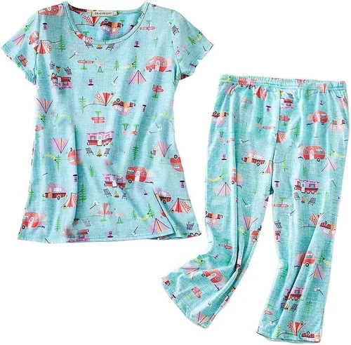 Vista 27 de ENJOYNIGHT Conjuntos de pijama de algodón para mujer, pijamas de verano con pantalones capri, ropa de dormir Gato negro