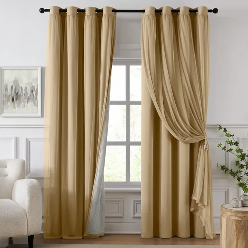 Vista 11 de cortinas 100% opacas para dormitorio, cortinas rosadas de doble capa, cortina oscura de 96 pulgadas de largo con superposición transparente