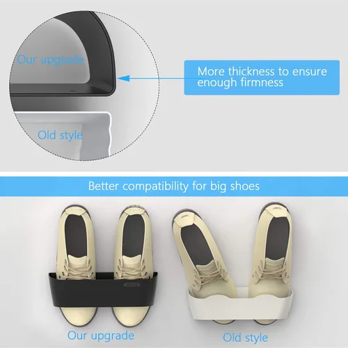Vista 5 de Zapatero montado en la pared, paquete de 4 con tiras adhesivas para colgar, organizador de almacenamiento de plástico para zapatos, perchas
