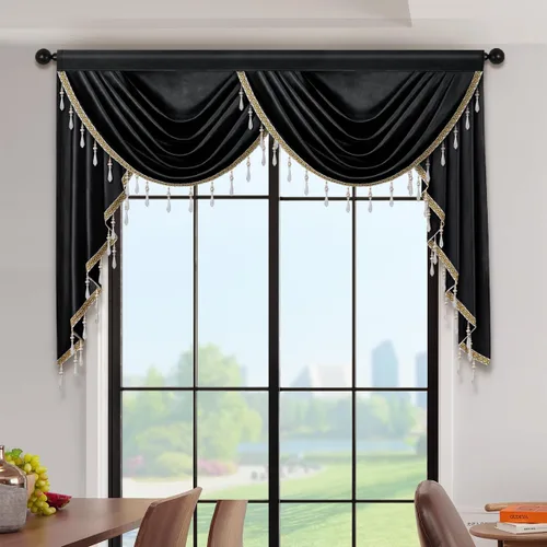 Vista 21 de Cenefas de cortina de terciopelo negro de lujo para sala de estar con cuentas (39 pulgadas, 1 panel)