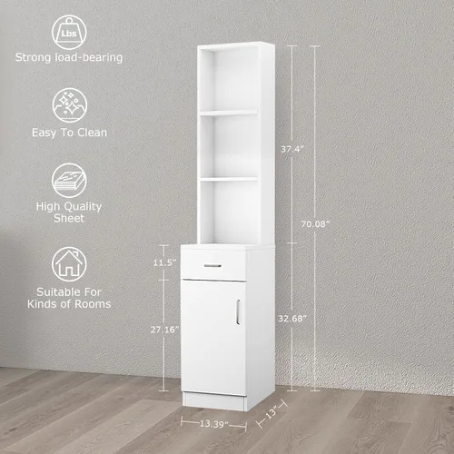 Vista 3 de BNSPLY Armario alto de baño, gabinete estrecho de lino delgado con estantes abiertos de 3 niveles y cajón, torre de lino independiente para baño