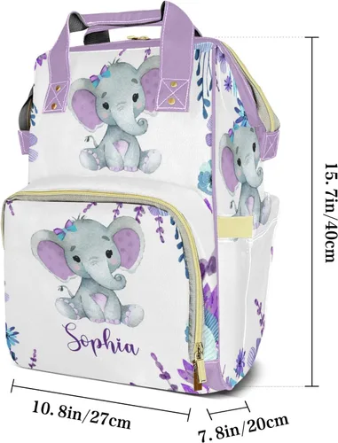 Vista 7 de Mochila de pañales de elefante verde azulado morado con nombre, bolsa multifunción de gran capacidad para mamá, papá, unisex, niño y niña, Diseño 1
