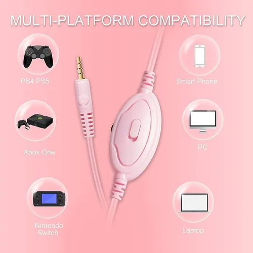 Vista 3 de Auriculares de juego rosas para Nintendo Switch, Xbox One, PS4, PS5, sonido envolvente de graves y cancelación de ruido con micrófono flexible