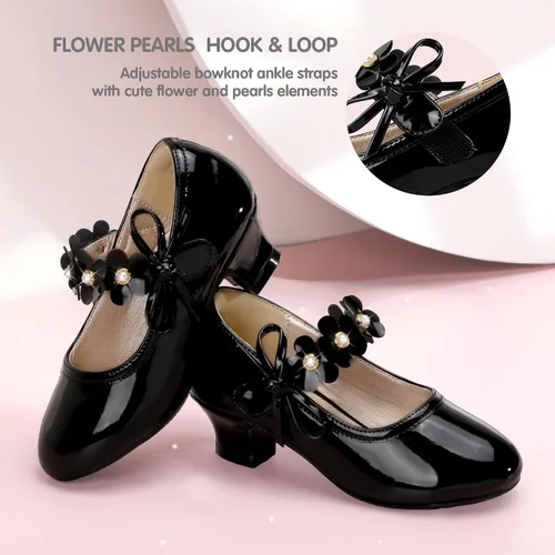 Vista 3 de PANDANINJIA Zapatos de vestir para niñas, zapatos de tacón Mary Jane con flores, fiesta de boda, regreso a la escuela, zapatos de tacón para niños