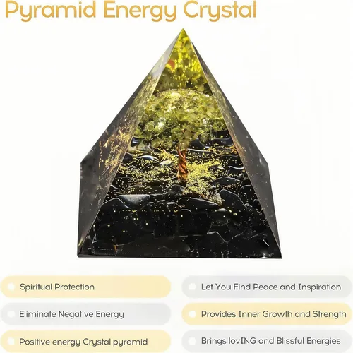 Vista 4 de Pirámide de orgón del árbol de la vida para energía positiva, peridoto de orgonita y cristal curativo de obsidiana para reducir el estrés