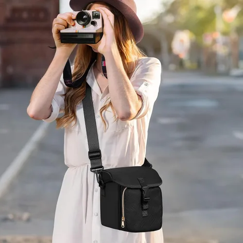 Vista 5 de Bolsa bandolera para cámara compatible con Polaroid Now 2ª/3ª cámara instantánea, bolsa cruzada con correa ajustable, color negro Crossbody Camera