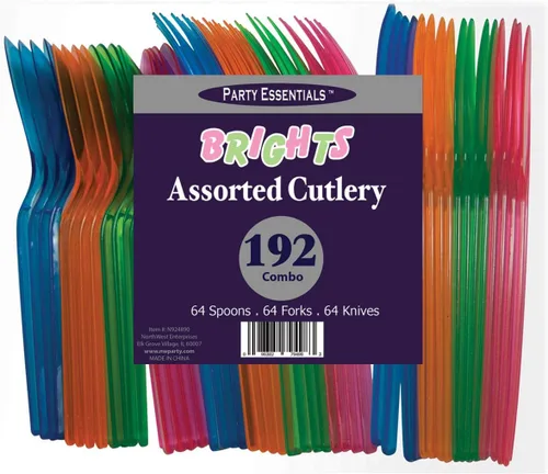 Vista 6 de Party Essentials Paquete combinado de cubiertos de plástico duro de alta resistencia, 96 piezas/32 lugares, varios brillantes neón