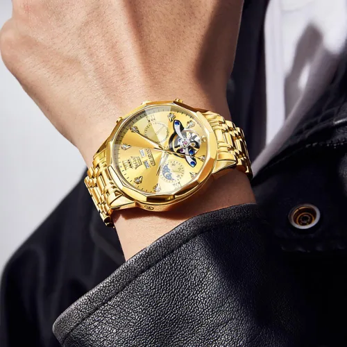 Vista 64 de OLEVS Reloj de pulsera automático con diseño de esqueleto para hombre, de lujo, con diamantes de lujo, de acero inoxidable, calendario, reloj