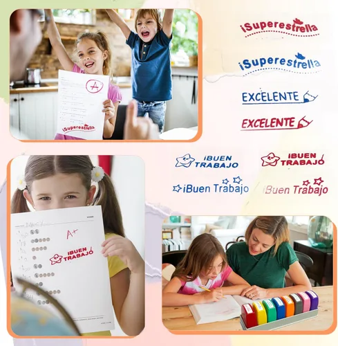 Vista 5 de 8 sellos españoles, sellos para profesores para aula, sello de calificación para profesores, sello colorido con bandeja de almacenamiento, sello