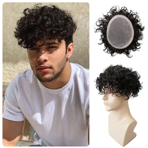 Vista 9 de Lordhair Mens Weave 6 * 8 "unidad de cabello humano negro 0.787 in rizado sistema de cabello para hombre con 1" PU recubierto perímetro toupee